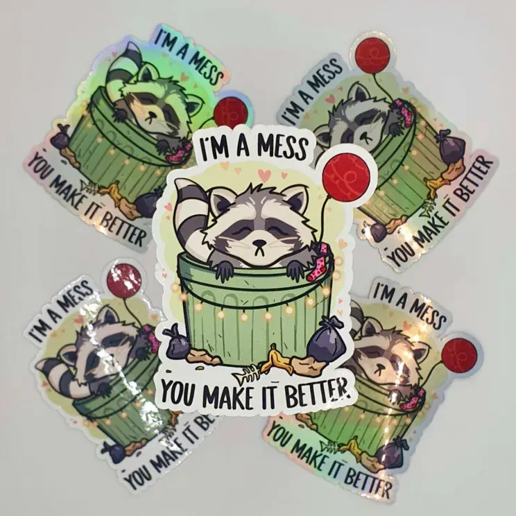 Thumbnail: Multiple I'M A MESS YOU MAKE IT BETTER cartoon raccoon Valentines stickers.