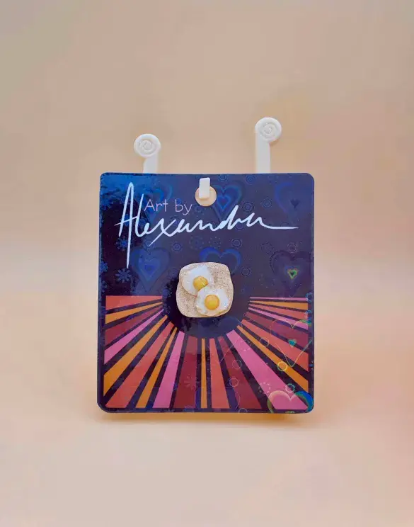 Thumbnail: Double fried eggs on toast miniature pin on card, Art by Alexandra