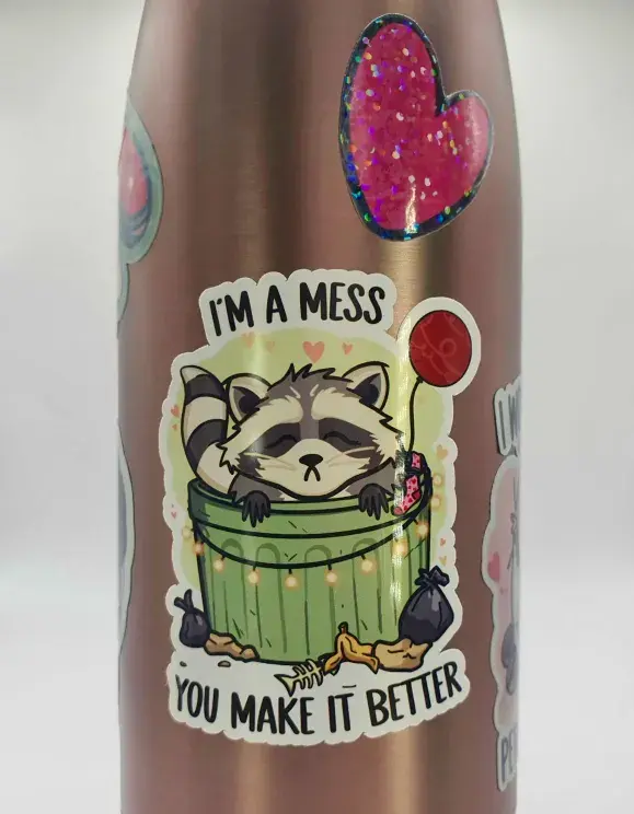 Thumbnail: I'M A MESS YOU MAKE IT BETTER cartoon raccoon Valentines sticker, stuck on a copper water bottle.
