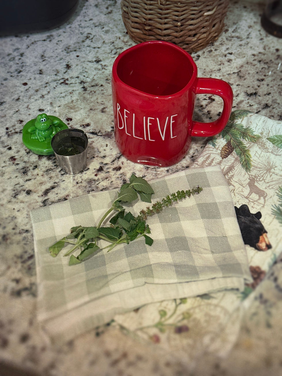 Believe Coffee Cup with tea leaves and steeper.