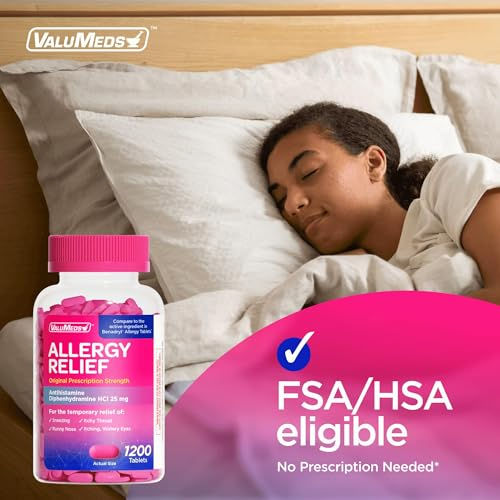 섬네일: 알레르기 베네드릴 Diphenhydramine HCl 25 mg | 어린이 및 성인 | 가려운 눈, 콧물, 재채기 완화 | 1200정 대용량