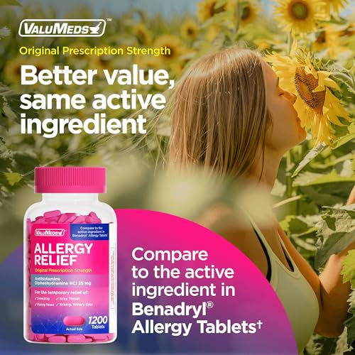 섬네일: 알레르기 베네드릴 Diphenhydramine HCl 25 mg | 어린이 및 성인 | 가려운 눈, 콧물, 재채기 완화 | 1200정 대용량