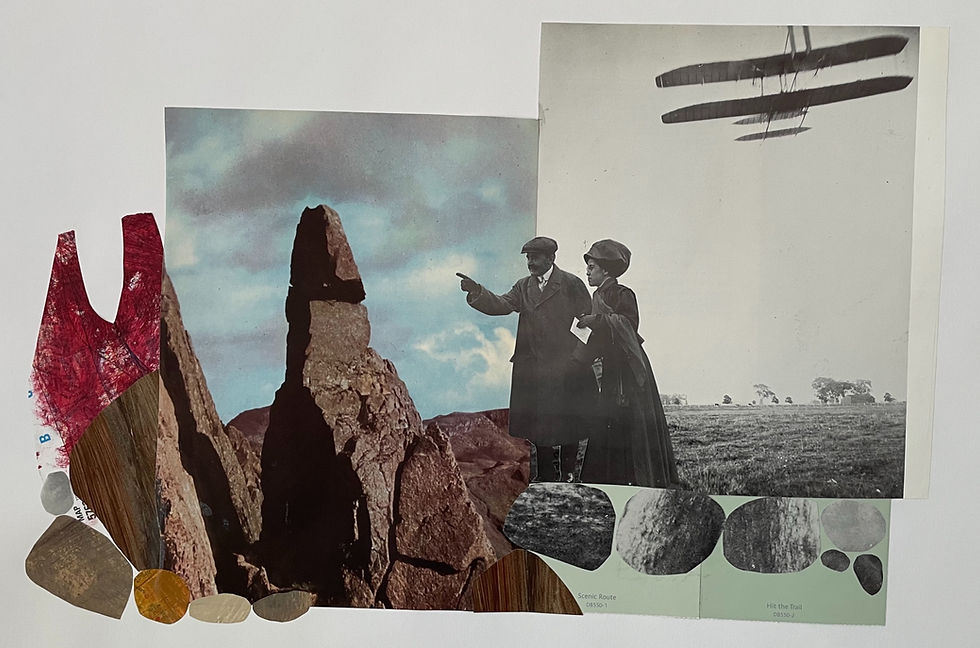 Man and woman in black and white looking at rocks with an old airplane behind them in the sky. Collage on paper.