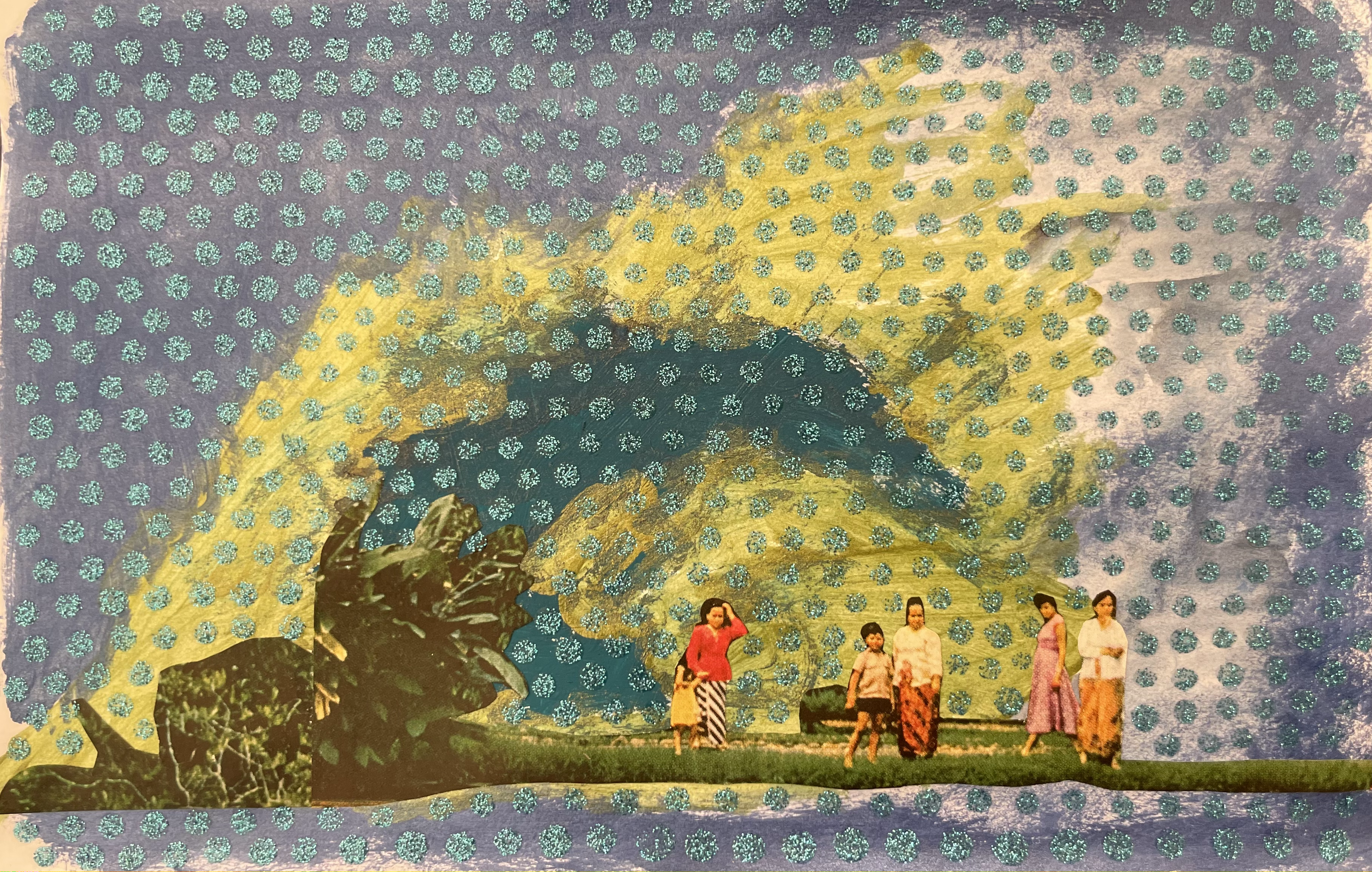 mixed media collage with blue background and people walking along a green path