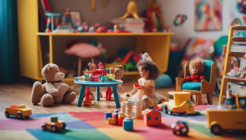 A little girl sitting with her teddy bear surrounded by toys playing make believe