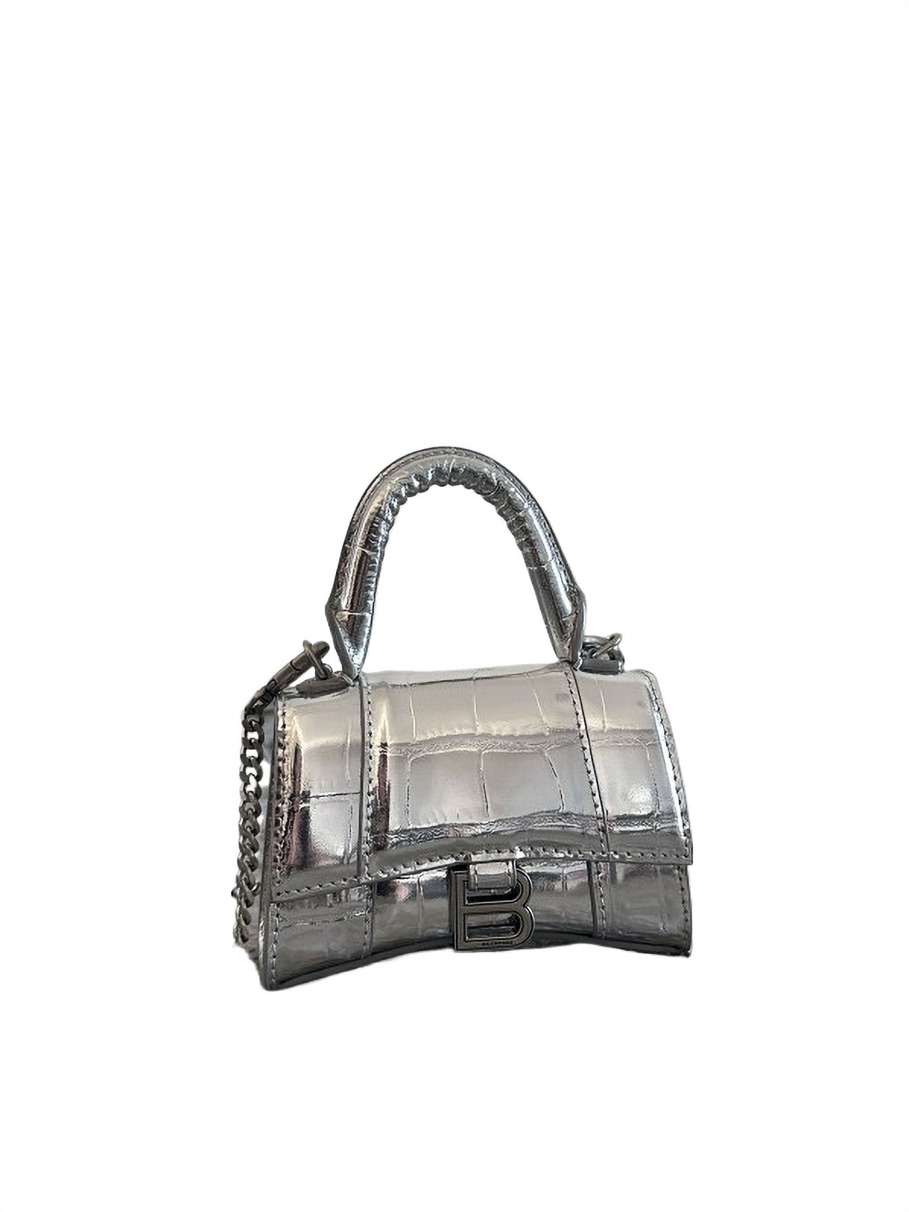 Balenciaga Hourglass XS Top Handle Bag – Metallic Silver Crocodile-Embossed Leat