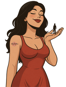 Illustration of a confident giantess woman holding a tiny man in her palm, representing the fantasy of macrophilia and size-based power dynamics.