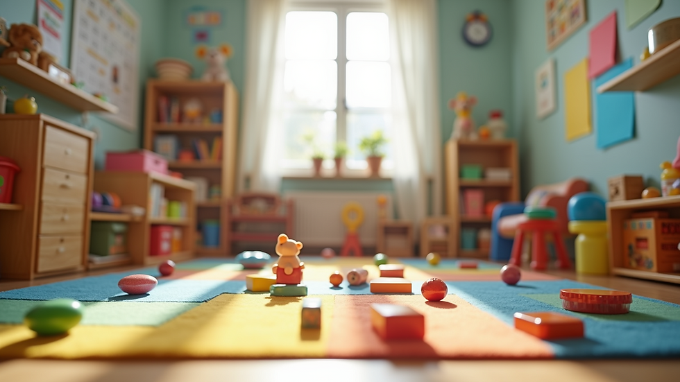 Eye-level view of a colorful therapy room filled with toys and educational materials