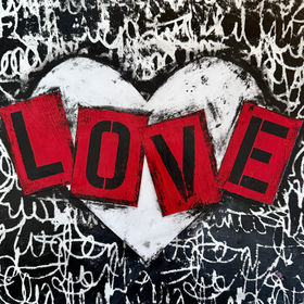 "Bold and expressive mixed-media collage featuring the word 'LOVE' in striking red typography against a textured black-and-white background. Created by Cleveland-based artist Ingrid Hoegner, this contemporary artwork combines raw brushstrokes, layered textures, and dynamic composition to evoke passion and emotion. Perfect for collectors and art enthusiasts seeking unique, love-inspired wall art.