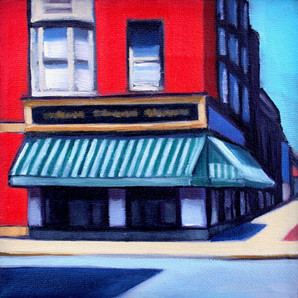 A colorful painting for sale of a bank building in Ohio City, Cleveland by Cleveland Artist Ingrid Hoegner