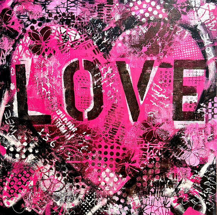 "In Love" Original Painting by Ingrid Hoegner Graffiti Style Inspired art with LOVE words on Pink and black Canvas