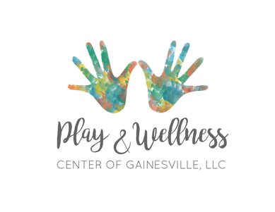 Logo for Play and Wellness Center of Gainesville featuring open hands painted in tie dye watercolor 