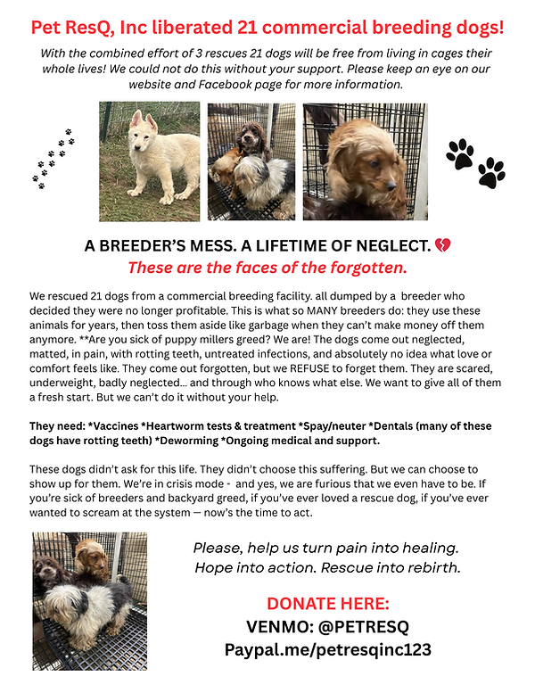 Pet ResQ, Inc liberated 21 commercial breeding dogs! With the combined effort of 3 rescues