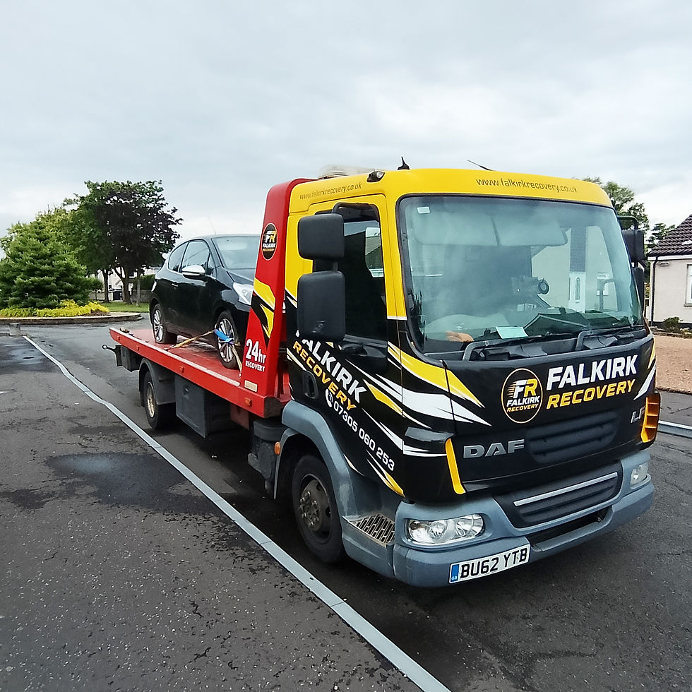 Peugeot 208 securely transported by Falkirk Recovery after entering limp mode in Grangemouth.