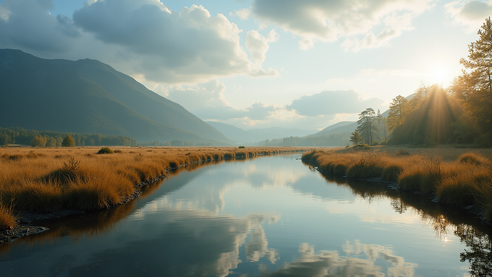 Eye-level view of a serene landscape with a tranquil river