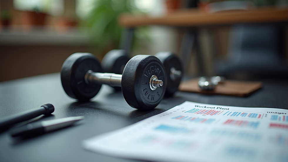 Close-up view of dumbbells and a workout plan on a table