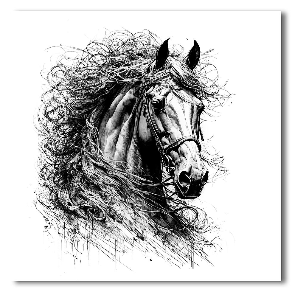 Čiernobiely portrét koňa s rozfúkanou hrivou