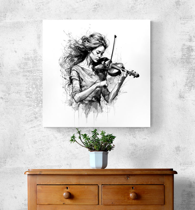 Miniatúra: Hudobná múza – čiernobiely obraz ženy s husľami