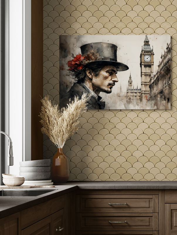 Nostalgická ilustrácia gentlemana z minulého storočia pred londýnskou vežou