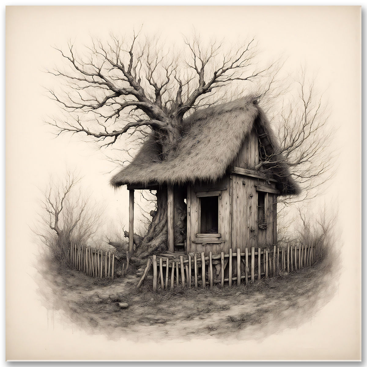 Nostalgický obraz domčeka s prerasteným stromom