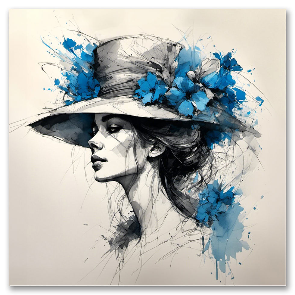 Elegantná žena v klobúku s modrými kvetmi, čiernobiely portrét s farebným akcentom