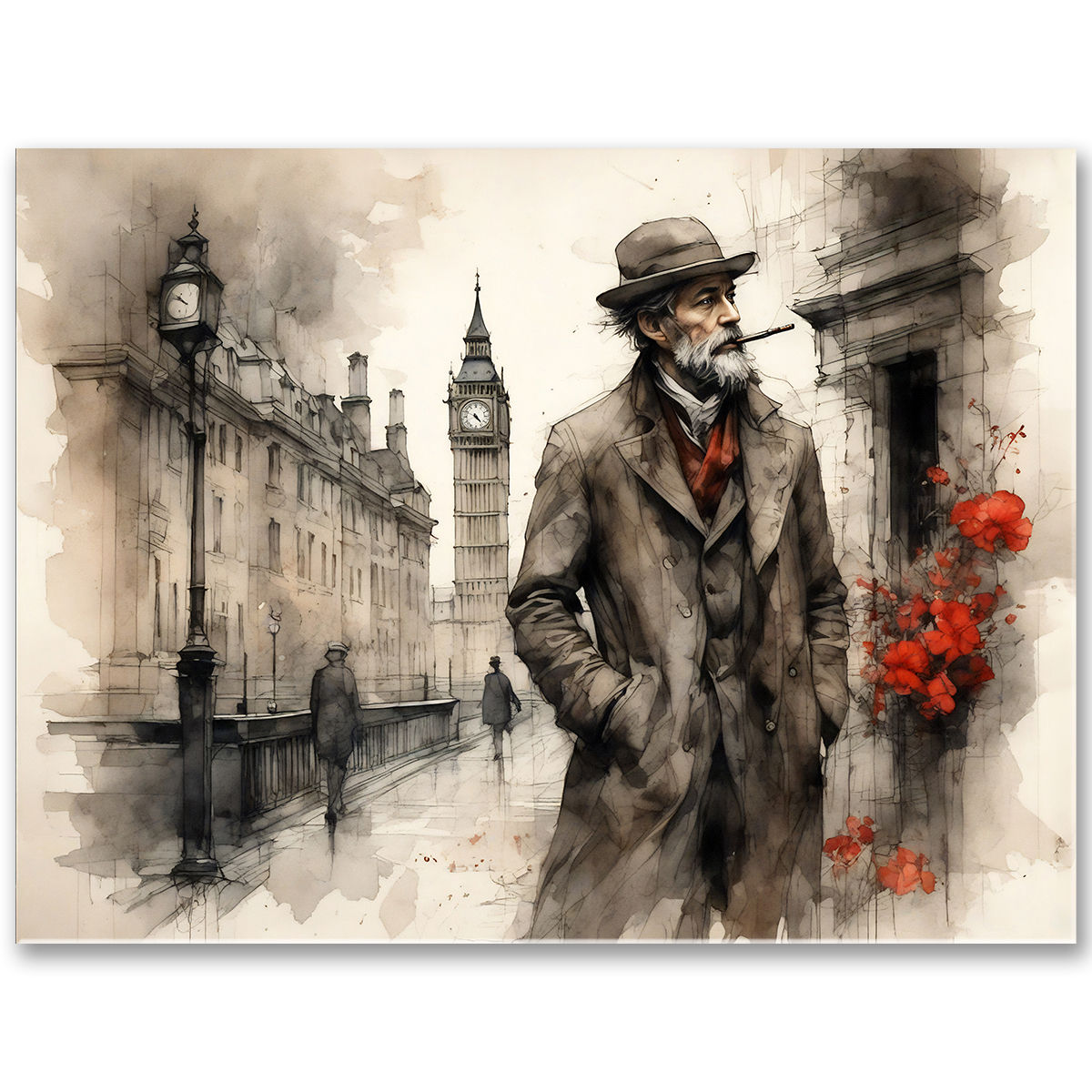 Umelecký obraz osamelého muža s fajkou v londýnskej uličke