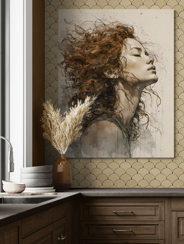 Ženský profil unášaný vánkom, v umeleckej kresbe