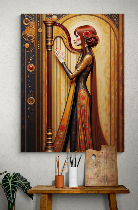 Portrét ženy s dlhými vlasmi pri zlatom hudobnom nástroji