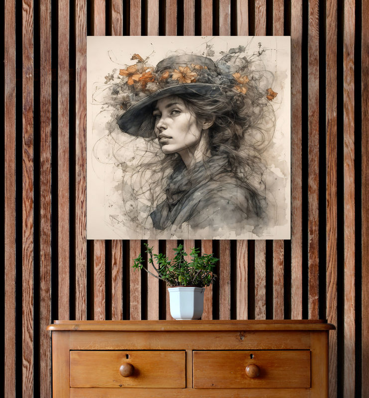 Jemná kresba ženy v kvetinovom klobúku v romantickom štýle