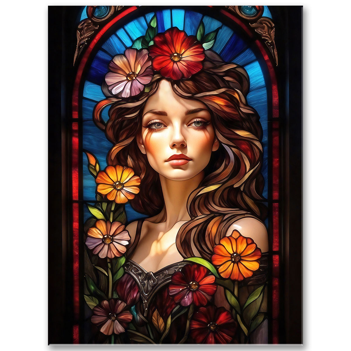 Portrét ženy s intenzívnym pohľadom a kvetmi v štýle vitráže
