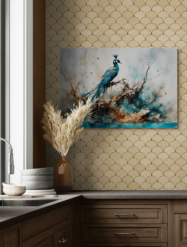 Elegantný páv v tyrkysových a oranžových farbách