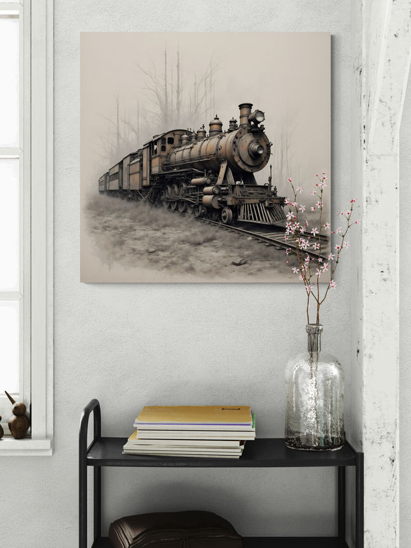Miniatúra: Realistická grafika historickej lokomotívy v tlmených tónoch