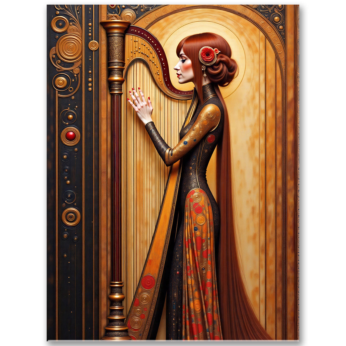 Elegantná žena hrajúca na harfu v secesnom štýle