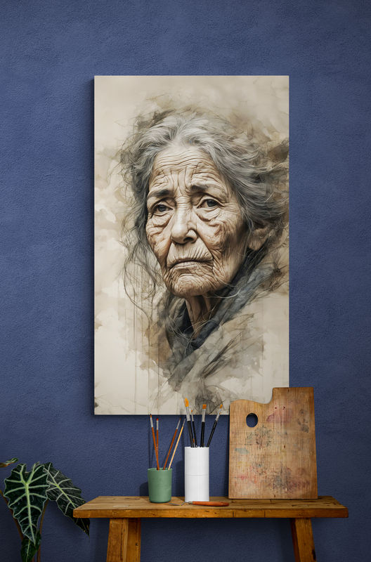 Miniatúra: Emotívny portrét múdrej ženy zachytený akvarelovou technikou.