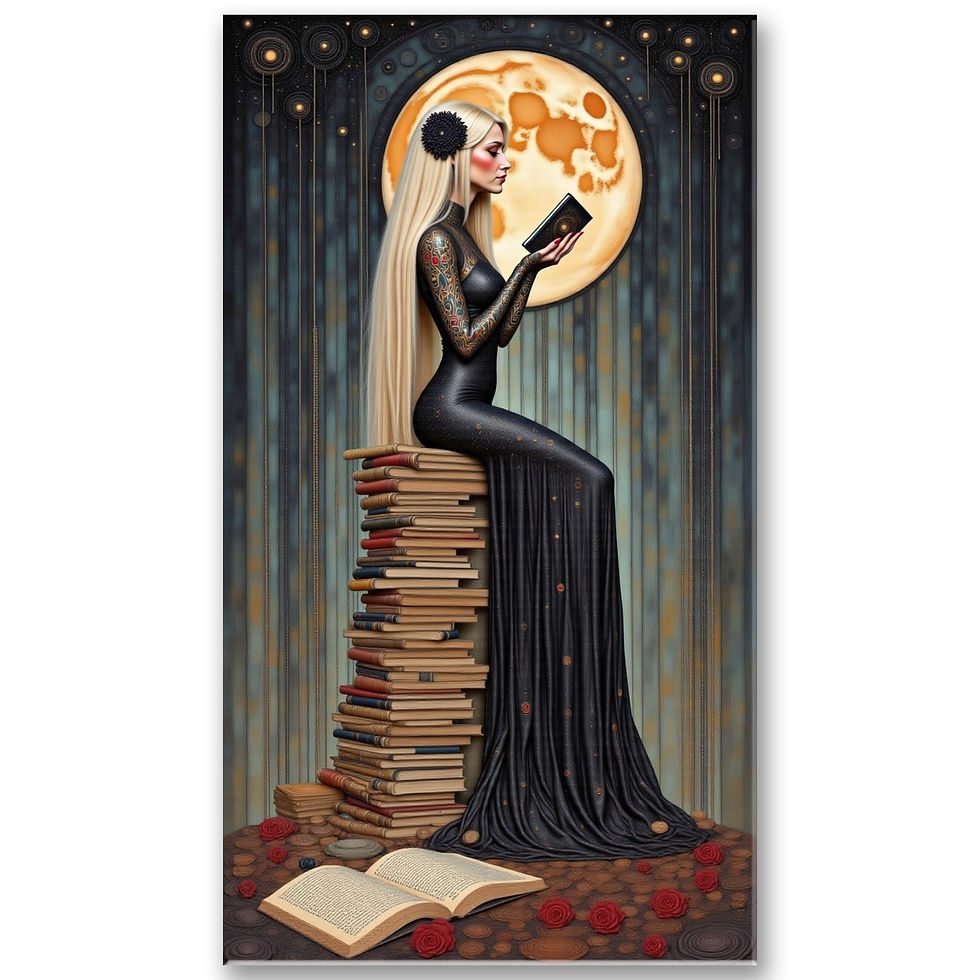 žena sediaca na hromade kníh s mesiacom v pozadí