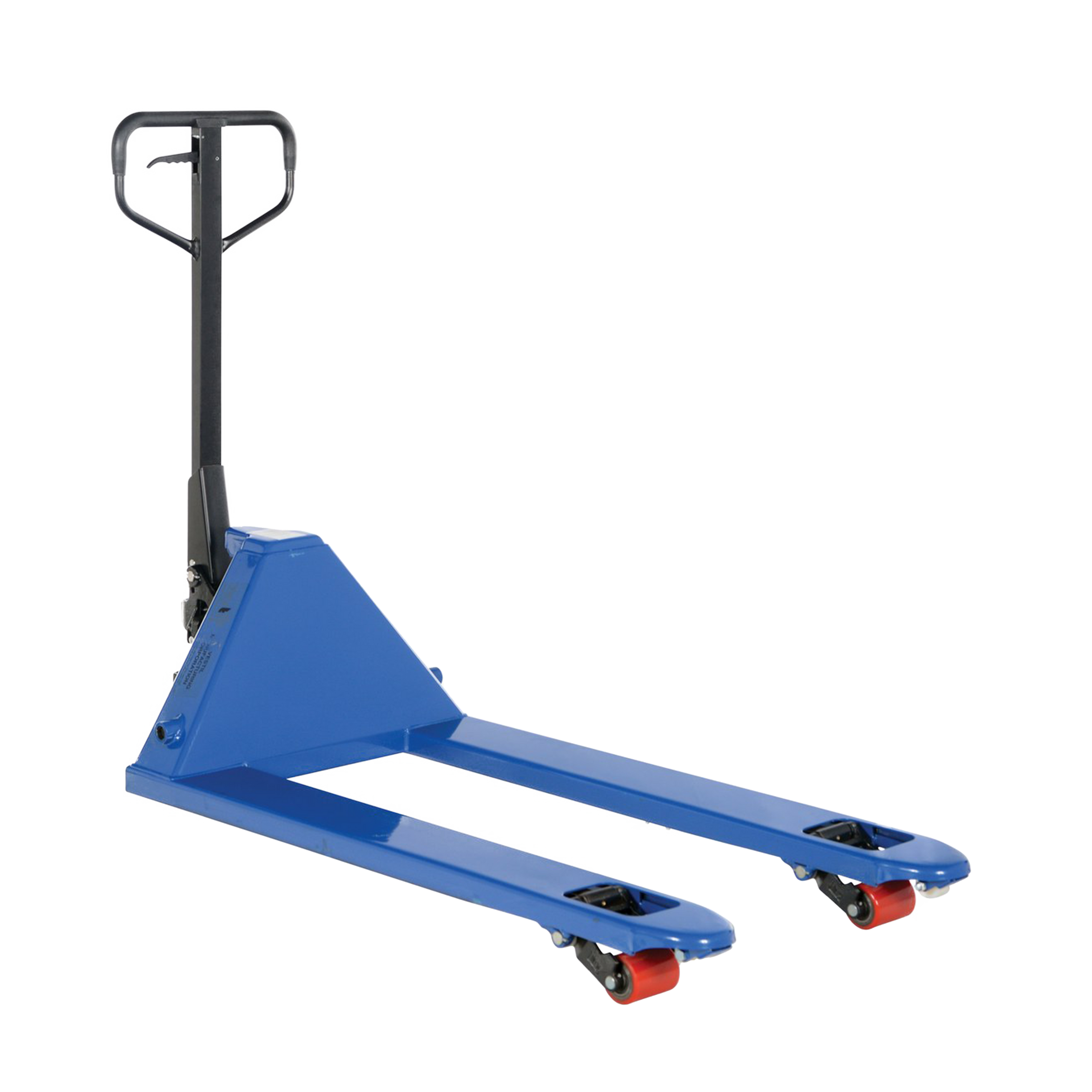 side view of 5500 lb capacity quick lift blue pallet jack