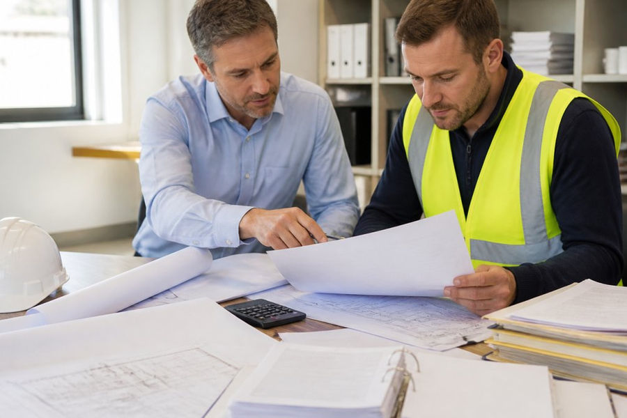 Surveyor and subcontractor reviewing project contracts and cost estimates for outsourced quantity surveying for