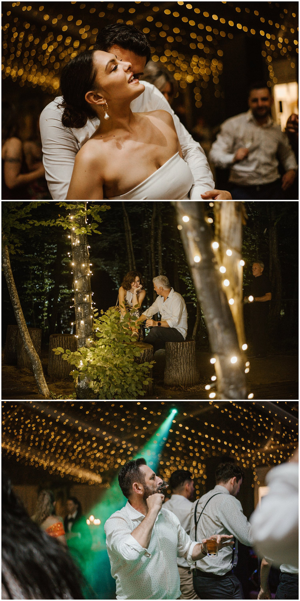 Kompozit tri fotografije: gosti plešu, razgovaraju i uživaju u večernjoj atmosferi