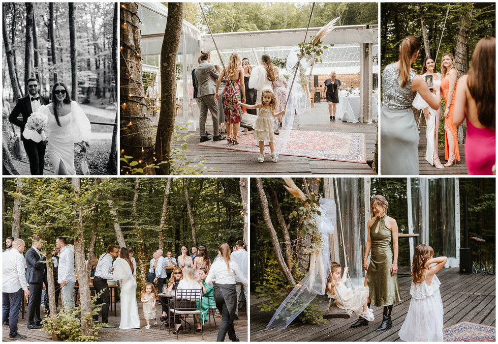 Kompozit pet fotografija: mladenci i gosti druže se na terasi Corberon Woodsa okruženoj šumom, djevojčica na ljuljački