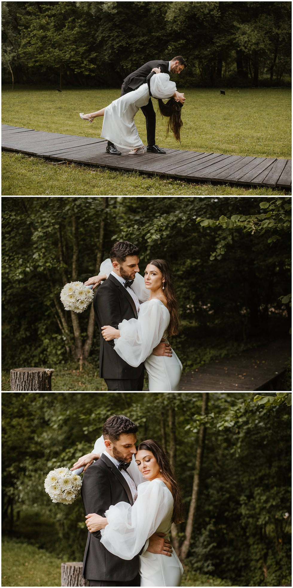 Tri fotografije: mladoženja naginje mladenku na drvenoj stazi, zagrljaji i poljupci u zelenilu