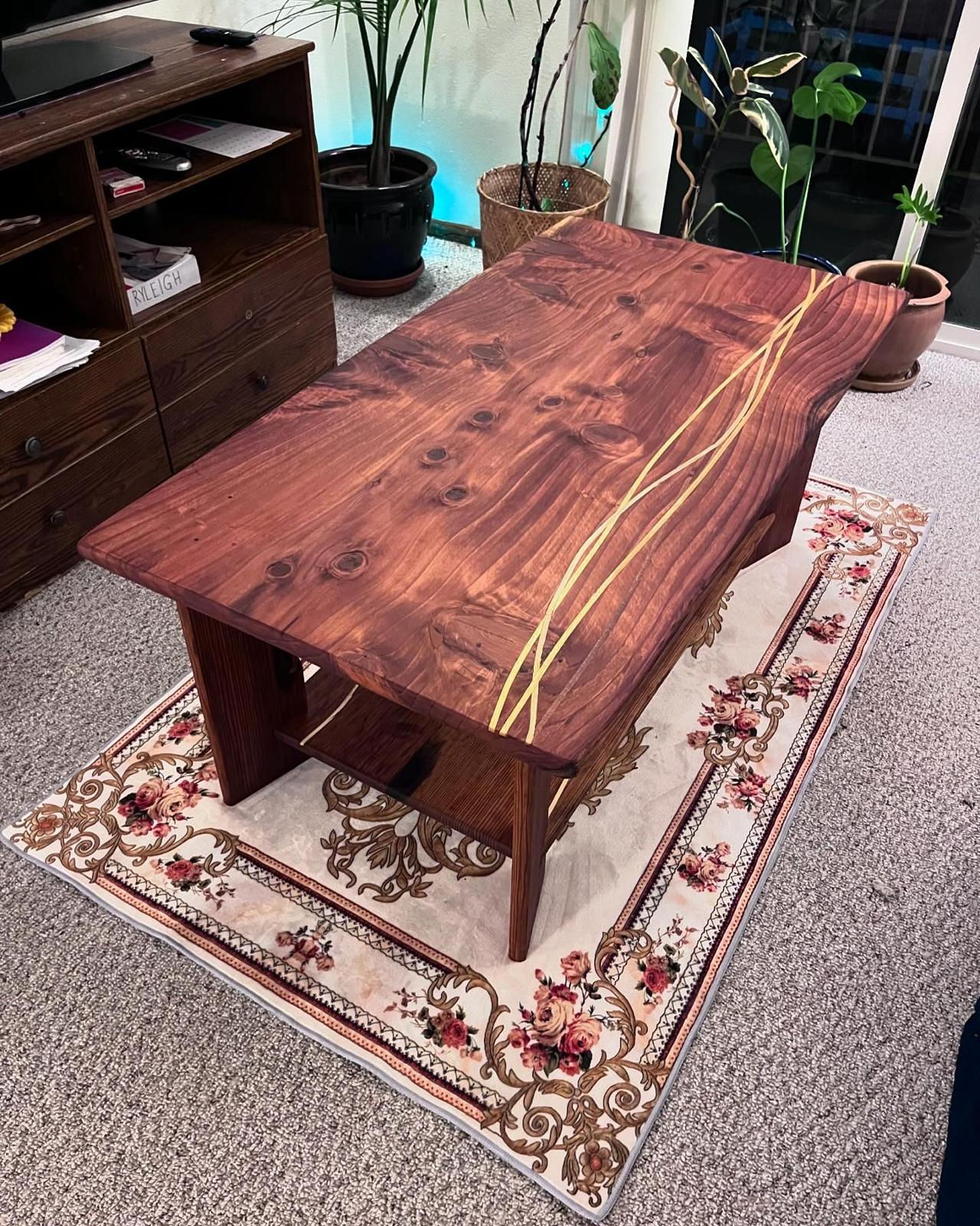 Redwood coffee table with braided inlay strips