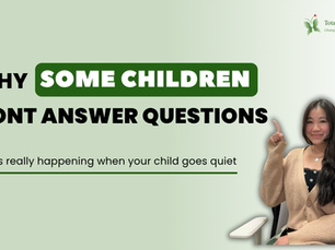 A woman sits on a chair smiling, pointing up. Text reads: "Why some children don't answer questions. What's really happening when your child goes quiet."