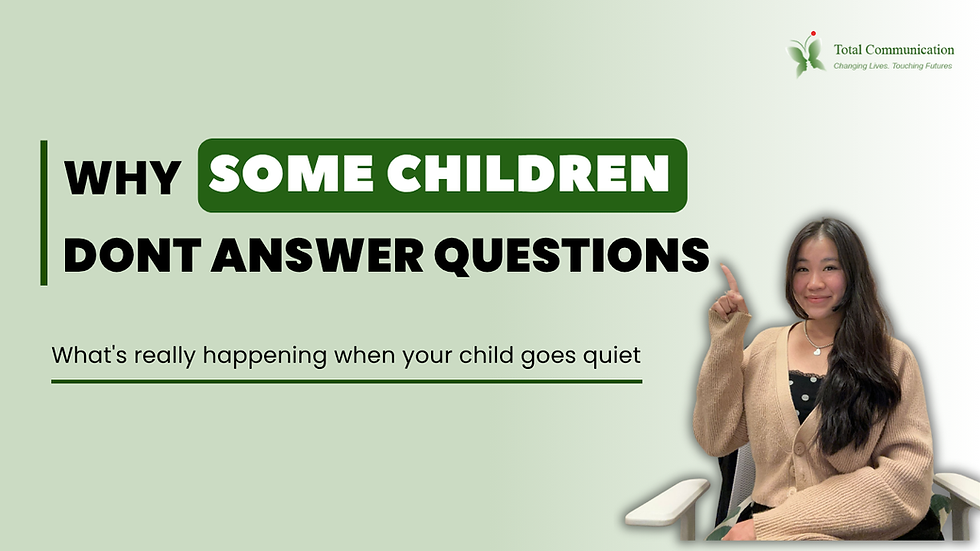 A woman sits on a chair smiling, pointing up. Text reads: "Why some children don't answer questions. What's really happening when your child goes quiet."