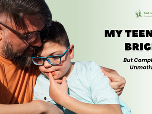 Man in orange shirt comforts boy in blue glasses. Text reads, "My teen is bright but completely unmotivated." Calm, supportive mood.