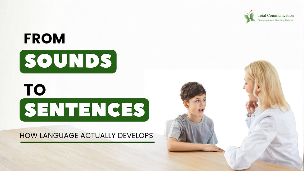 A boy talks to a woman in a white coat. Text reads "FROM SOUNDS TO SENTENCES: HOW LANGUAGE ACTUALLY DEVELOPS" with a logo in the corner.