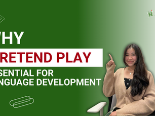 Smiling woman sitting, pointing up. Text: "WHY PRETEND PLAY ESSENTIAL FOR LANGUAGE DEVELOPMENT." Green background with white and red bold text.