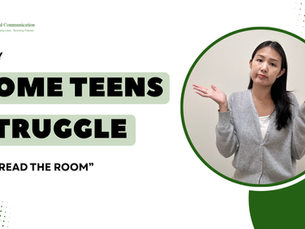 Woman shrugging in confusion beside text: "Why Some Teens Struggle to 'Read the Room.'" Green and white circular patterns in the background. Total Communication