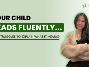 Smiling woman in a beige sweater on a green background. Text: "Your child reads fluently... but struggles to explain what it means?"