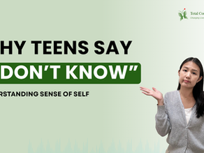 Teen girl shrugs in confusion on a light green background. Text: "Why Teens Say 'I Don't Know'" and "Understanding Sense of Self."