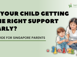 Mom and child sitting with toy figures on a pastel green background. Text: "Is your child getting the right support early?"